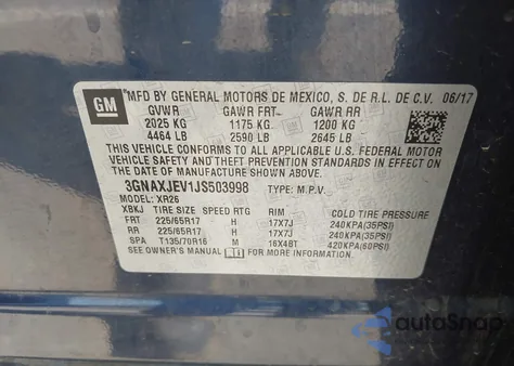 2018 Chevrolet Equinox Lt z USA, uszkodzony, nr VIN 3GNAXJEV1JS503998